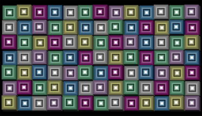 Arrangement of glowing colorful squares on a black background. 3d vector illustration.