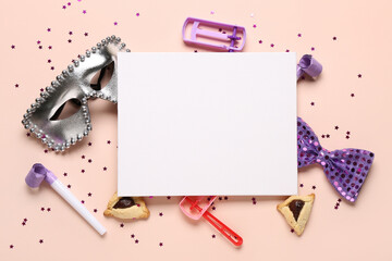 Composition with blank card, carnival mask, Hamantaschen cookies and decor for Purim holiday on color background - Powered by Adobe