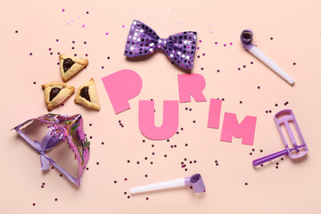 Composition with word PURIM, Hamantaschen cookies, carnival mask and decor on color background