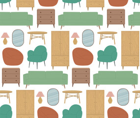 Seamless pattern with home furniture living room. Vector backdrop with interior elements in flat style.
