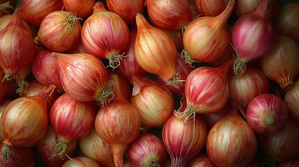 Pile of red onion or shallot. Top view. - obrazy, fototapety, plakaty