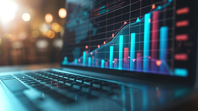 A 3D graph growing upwards from a laptop, indicating successful strategy implementation, business strategy, dynamic and dramatic compositions, with copy space