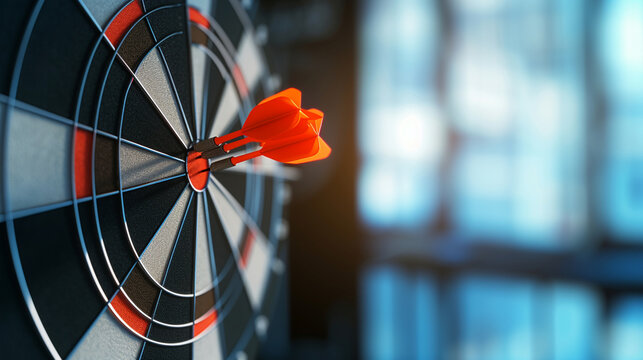 A target with darts hitting the bullseye, overlaying a corporate office setting, symbolizing strategic goals, business strategy, dynamic and dramatic compositions, with copy space