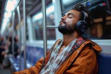 A weary man drifts off to sleep on a crowded bus, his headphones providing a soundtrack to his inner thoughts as the busy street outside fades into the background - obrazy, fototapety, plakaty