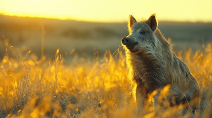 A sitting boar gazing at the horizon at sunset. Un sanglier assis regardant l'horizon au coucher de soleil.