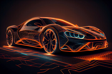 Glowing abstract car outline silhouette on dark background. Futuristic sports car wireframe...