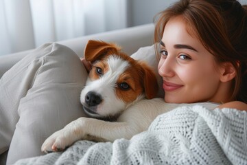 A peaceful woman and her loyal dog rest on a couch, their faces filled with contentment as they bask in the warmth of the indoor sun, surrounded by a soft blanket and the comfort of each other's comp - obrazy, fototapety, plakaty