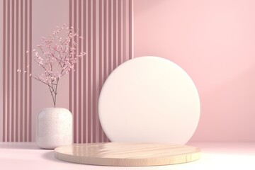 Fototapeta na wymiar Wooden product display podium with vase against a pink striped backdrop. 3d, render