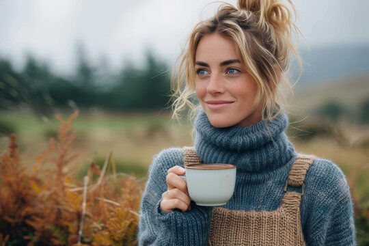 A stylish woman sips on her warm coffee, wrapped in a cozy sweater and shawl as she enjoys the autumn breeze and the beautiful grass beneath her feet
