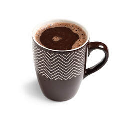 Cup of tasty hot chocolate on white background