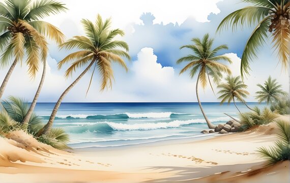 Tropical beach with palm trees, watercolor background	
