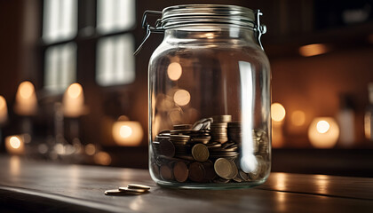 Coins in glass jar with coins on the wooden table for finance budgeting money management and personal savings investment frugal lifestyle concept - obrazy, fototapety, plakaty