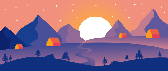 Vector flat gradient illustration. Beautiful nature with mountains, houses and forests. Ideal for textile design, screensavers, covers, cards, invitations and posters.