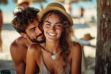 A carefree couple basks in the warm summer sun, radiating happiness as they sport stylish sun hats and enjoy a relaxing beach vacation
