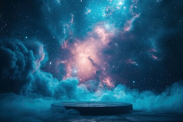 Journey into the depths of imagination with a podium set against the cosmic canvas of the night sky, where the interplay of light and shadow captures the essence of magic and mystery
