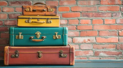 Four retro suitcases, on the background of a brick wall, a place for text.