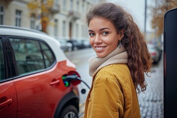 A vibrant woman exudes confidence as she poses with a stylish red car in front of a bustling street, her beaming smile and fashionable street fashion adding to the overall allure of the scene