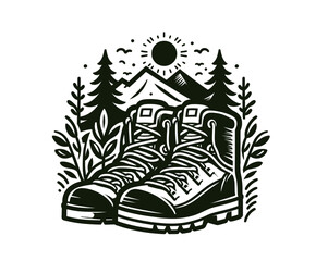 Vintage label, Hand drawn retro badge or T-shirt design with hiking shoe, trekking boot vector illustration	
