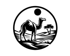 Beautiful camel in nature landscape vector illustration. Desert emblem