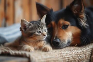 A loyal dog and curious cat peacefully coexist indoors, their contrasting fur and inquisitive whiskers creating a heartwarming scene of unlikely companionship - obrazy, fototapety, plakaty