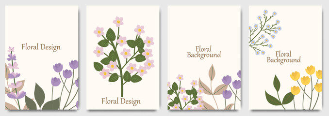 Set of abstract spring floral invitation card background vector. Vibrant color botanical flower and leaf branch cover. Design illustration for flyer, poster, banner, brochure, wedding, birthday