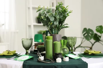 Foto op Plexiglas Festive table serving with candles in dining room, closeup. St. Patrick's Day celebration © Pixel-Shot