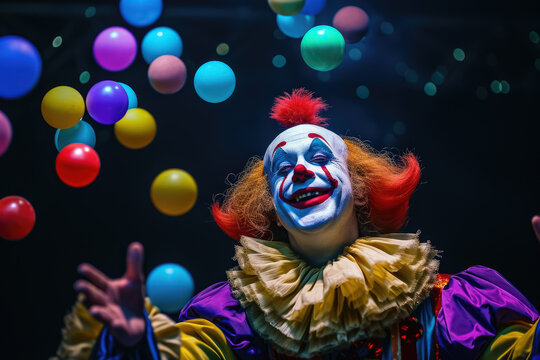 silly clown juggling colorful balls at a circus