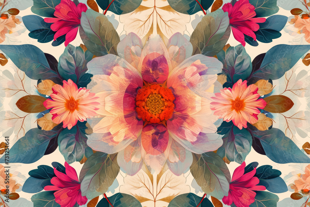 Poster create a symmetrical pattern of floral motifs, with delicate textures