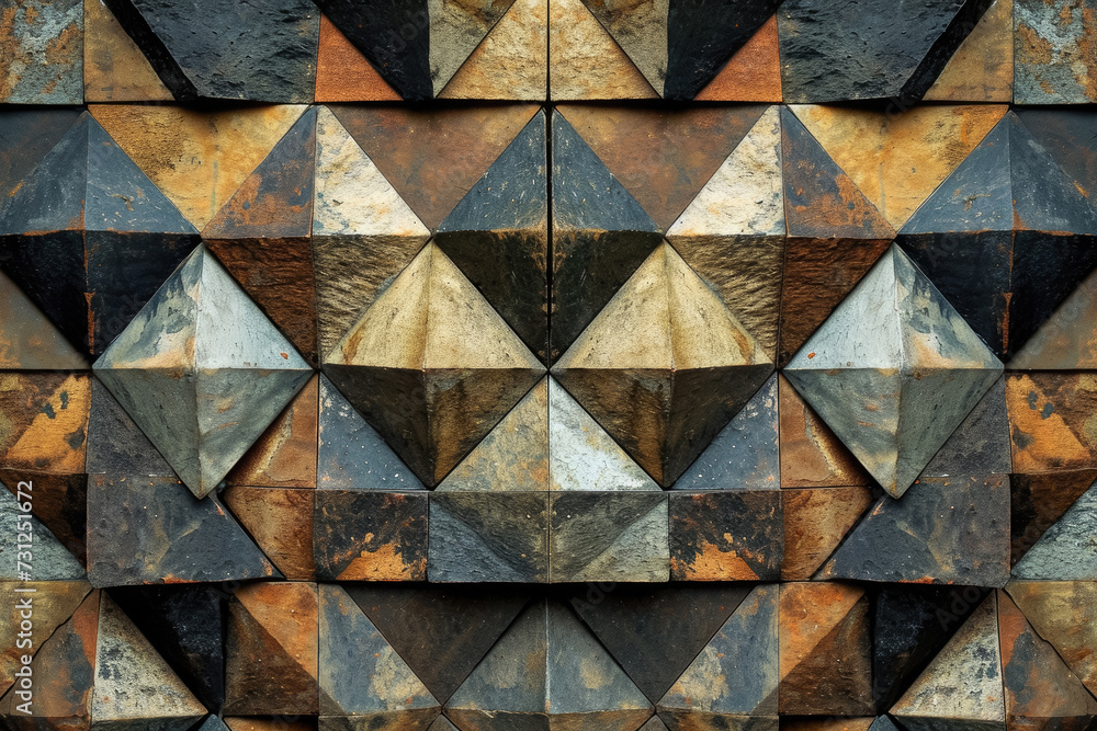 Poster create a symmetrical pattern of geometric shapes, with alternating textures.