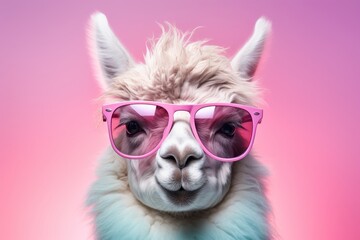Stylish llama with trendy pink sunglasses and vibrant pink background, perfect for commercial use