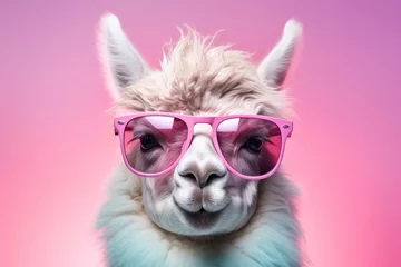 Fototapete Stylish llama with trendy pink sunglasses and vibrant pink background, perfect for commercial use © katrin888