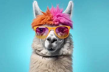 Papier Peint photo Lama Energetic llama in stylish sunglasses standing against blue background, commercial vibe