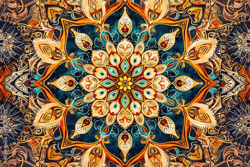 Poster create a symmetrical pattern of intricate mandalas, with fine details and textures.