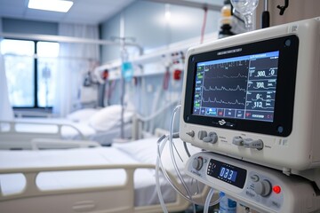 In the sterile hospital room, a complex network of medical equipment hums with life, its sleek electronics and precise text guiding the dedicated healthcare professionals as they work tirelessly to s