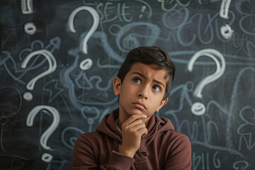 Concepts on blackboard at school. Hispanic boy with doubts and thoughts in class. Portrait of male child thinking against question marks on blackboard