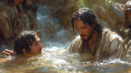 Jesus Baptizes a Man in a Pond. Generative AI. - obrazy, fototapety, plakaty