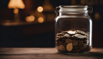 Coins in glass jar with coins on the table at night for finance budgeting money management and personal savings investment frugal lifestyle concept backdrop - obrazy, fototapety, plakaty
