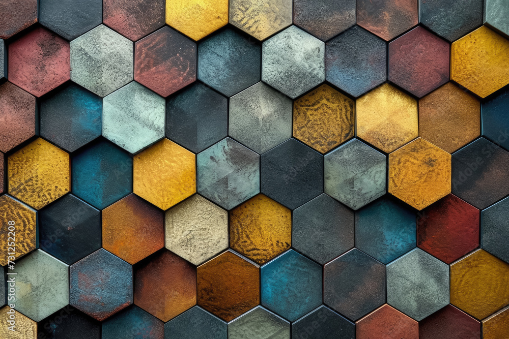 Aufkleber generate a pattern of interlocking hexagons, each with unique colors and textures