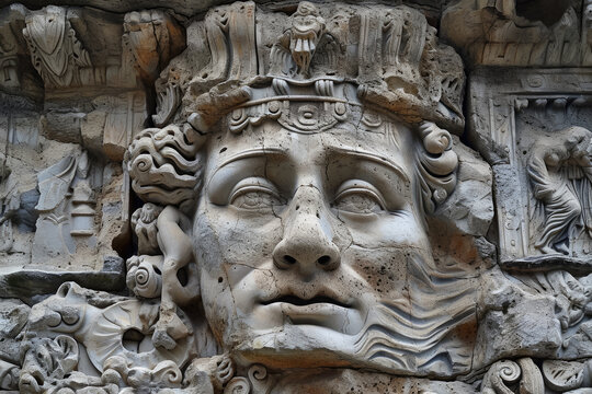Imagine a relief sculpture inspired by ancient ruins, with weathered textures and intricate carvings