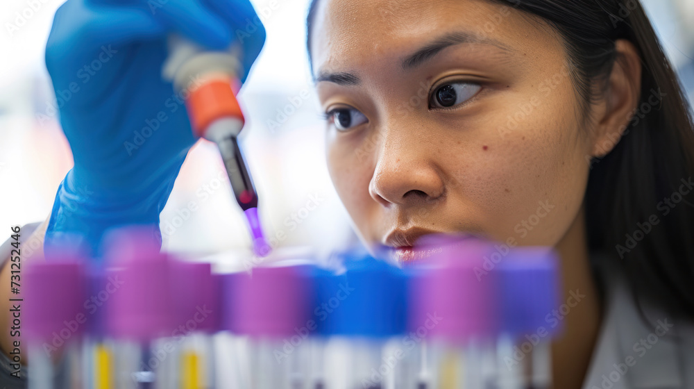 Poster focused scientist using a pipette in a lab setting.