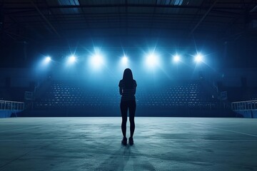 Capture the poignant solitude of a female sports star standing at the center of an empty stadium, bathed in the spotlight's glow, feeling a sense of sadness in the absence of a cheering crowd