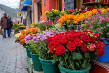 Fototapeta na wymiar A vibrant display of potted flowers stands outside a quaint flower shop, enticing passersby with its annual blooms and inviting them to bring a touch of nature into their homes