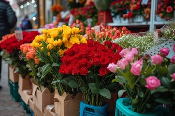 Fototapeta na wymiar A vibrant array of blooming annual plants, arranged in blue baskets, exudes the essence of floristry in a bustling outdoor shop, with a standing person admiring the full, red bouquet among various cu