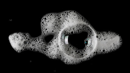 Soap foam, lather isolated on black, with clipping path, texture and background	