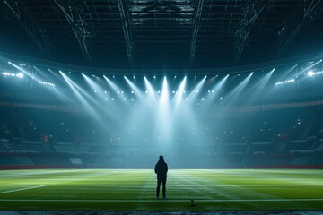Immortalize the bittersweet scene of a female sportstar standing under the spotlight in an otherwise empty stadium, her emotions laid bare as she grapples with the loneliness of competing - obrazy, fototapety, plakaty