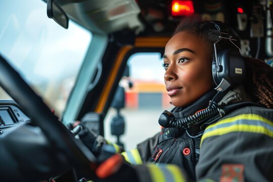 A fierce female firefighter confidently pilots her vehicle, her determined face visible through the cockpit window as she fearlessly tackles the outdoor elements