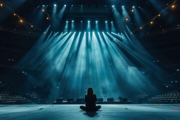 Envision the eerie beauty of an empty stadium, its stage illuminated by a myriad of lights, signaling the imminent performance of an artist