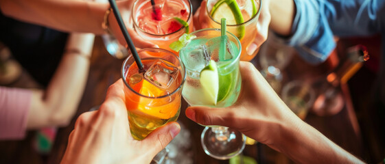 Cheers to friendship: hands clinking colorful cocktails, a toast to vibrant gatherings - obrazy, fototapety, plakaty