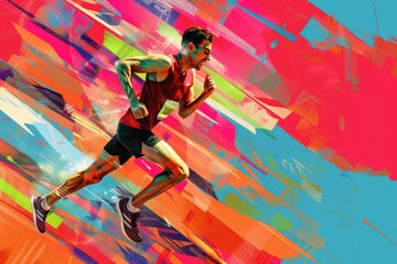 Creative vector strong man running marathon illustration colorful background