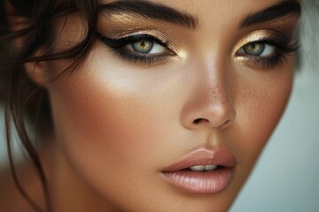 A mesmerizing portrait of a woman's flawless face, adorned with perfectly applied makeup, showcasing her expressive eyes and alluring lips